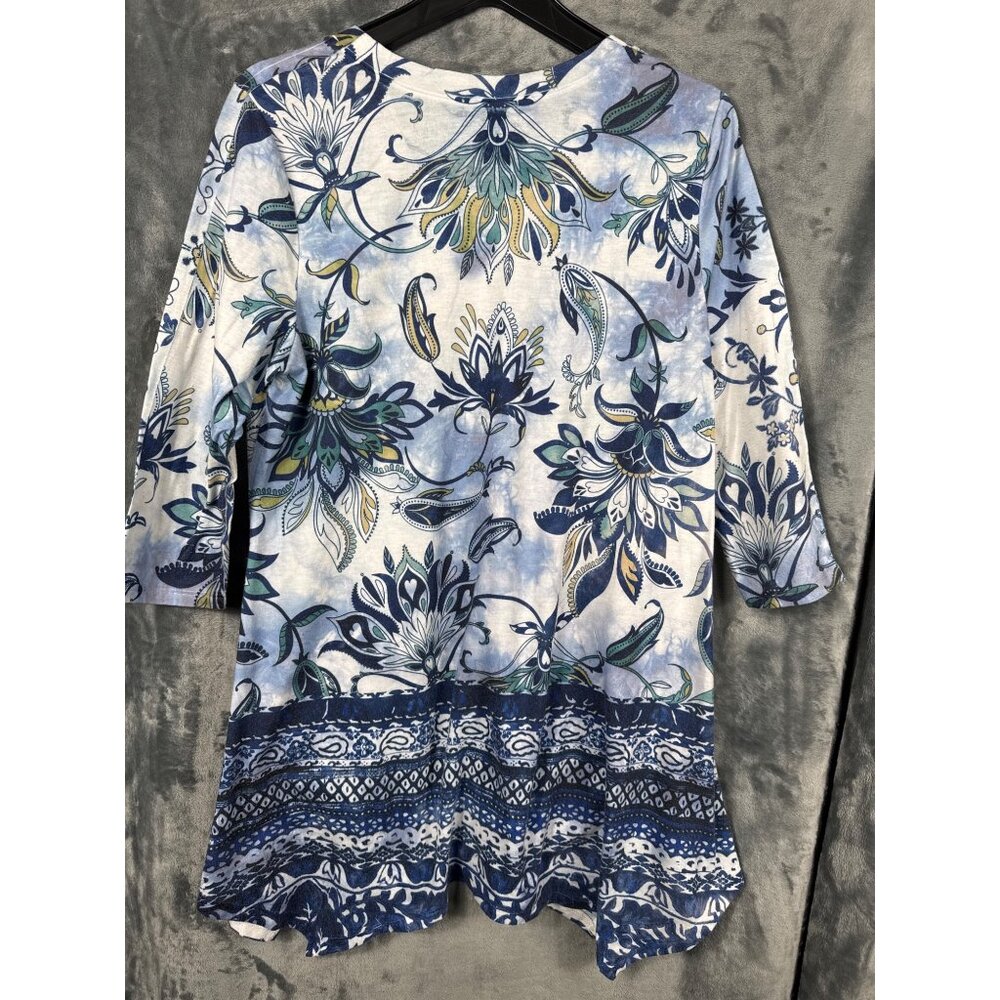 OneWorld Blouse Womens Floral Tunic Top M Blue/White 3/4 Sleeve Boho Print Shirt - Picture 6 of 6